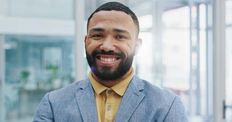 Happy, corporate and portrait of business man with company pride, confidence and smile. Entrepreneur, professional consultant and face of person in office for career, job opportunity and working