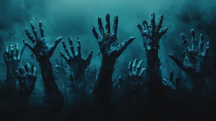 An array of undead zombie hands rising from a shadowy graveyard on a Halloween night, with a foreboding atmosphere and generous copy space