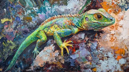 Fototapeta premium Oil painting depicting a green lizard in its natural surroundings showcasing the vibrant colors and textures of the environment