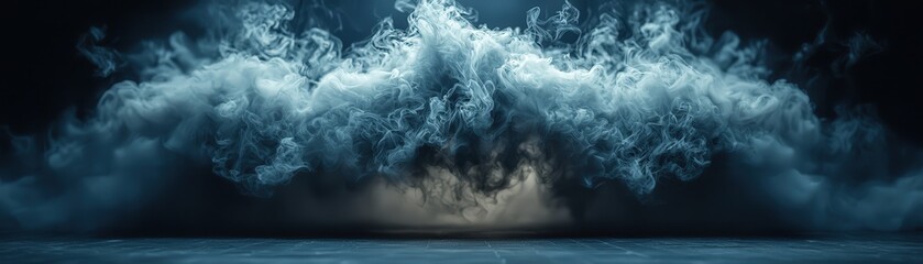 Obraz premium Real smoke dramatically exploding outwards with an empty center, eerie fog effect, perfect for a spooky Halloween background, dark and mysterious atmosphere