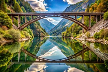 Fototapeta premium Symmetrical bridge crossing river in mountain valley