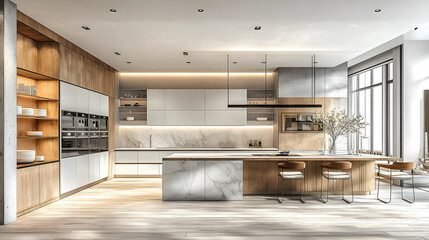 Modern kitchen design with wood and marble finishes, featuring sleek appliances and seating.