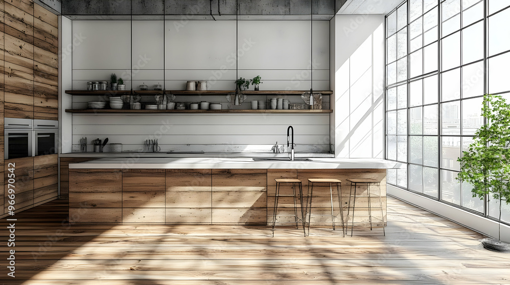 Wall mural Modern kitchen with wooden elements, large windows, and minimalist design.