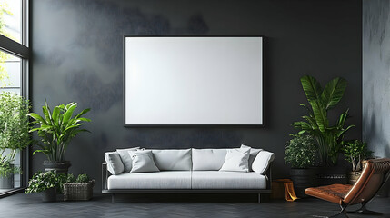 Modern living room with a blank canvas and indoor plants, creating a serene atmosphere.