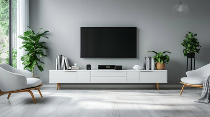 Modern living room with a TV, plants, and minimalist furniture.
