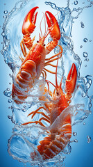 lobsters captured in a dynamic splash of water, showcasing their bright orange shells and intricate textures.