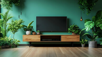 Modern living room with a TV, wooden furniture, and lush green plants.