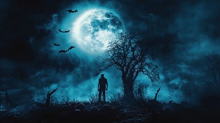 Zombie Rising from a Graveyard with Full Moon and Bats for Halloween Banner