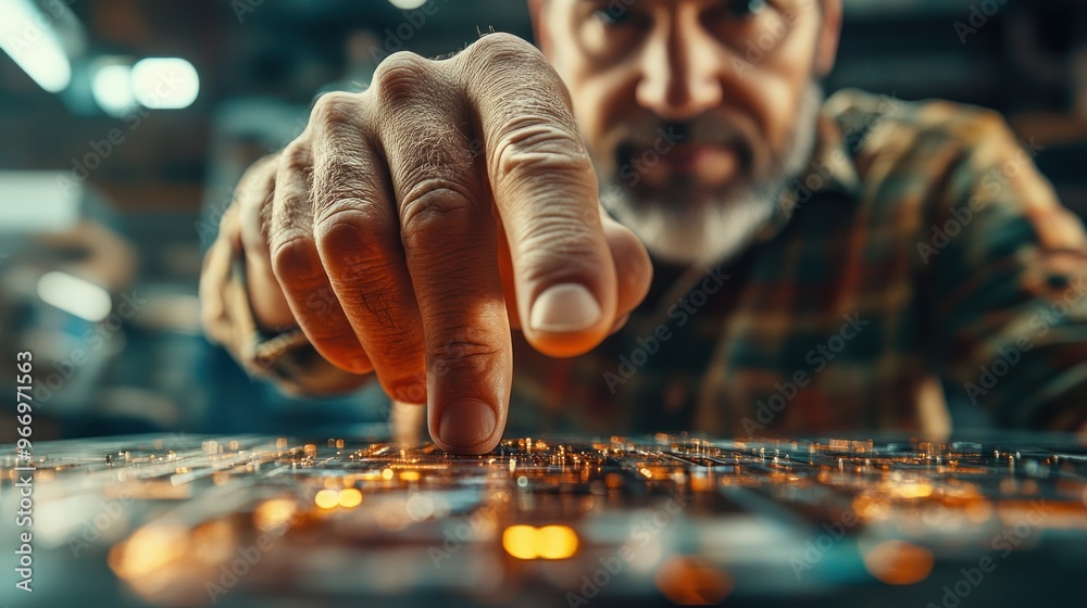 Poster closeup of a man's hand pointing at a circuit board.