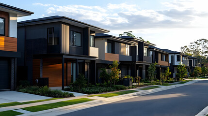 Modern residential neighborhood with contemporary houses and landscaped surroundings.