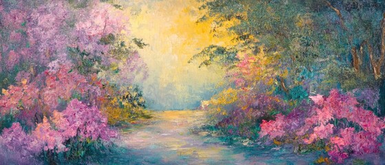 Oil painting depicting a vibrant pink flower garden in a natural setting