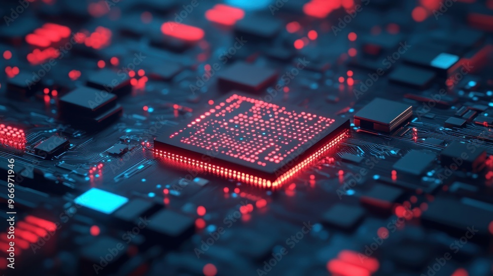 Poster Red glowing CPU on a circuit board.