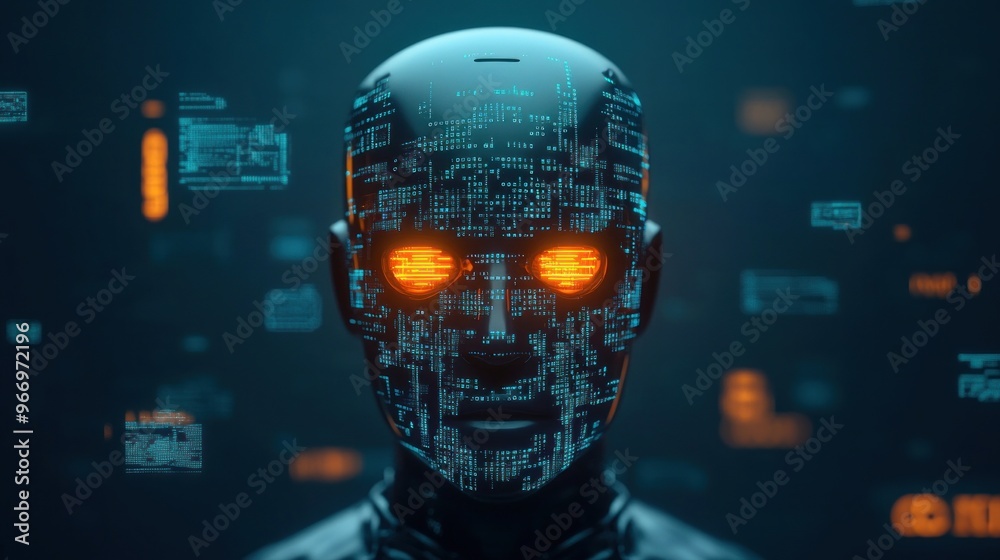 Poster AI Robot Face with Digital Code.
