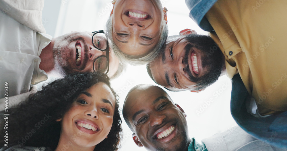 Sticker Teamwork, office and portrait of business people in circle for diversity, collaboration and team building. Professional, corporate and below of men and women huddle for solidarity, meeting and happy