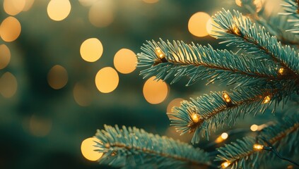 Christmas Tree Branches with Bokeh Lights, Green and Yellow Colors, Soft Blurred Light, Festive Atmosphere