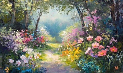 Oil painting depicting a vibrant spring landscape full of blooming flowers and lush greenery