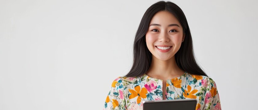 Young Asian businesswoman in a colorful floral dress, smiling, holding a tablet, minimalistic white background