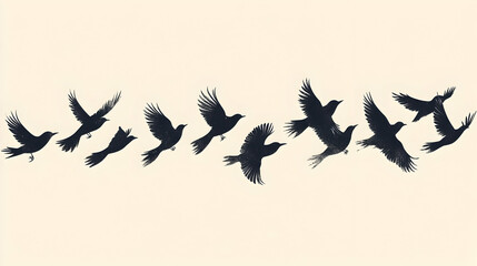 Obraz premium Silhouette of birds in flight against a light background, showcasing movement and freedom.