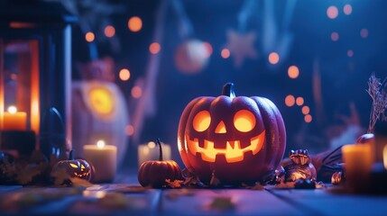 Give detailed title without :  in easy English for ..Halloween celebration background with pumpkin monster, light, and other decorations