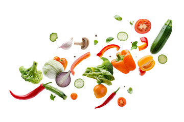 Naklejka premium Healthy fresh mix of vegetables set flying with tomato, cucumber, chili and other isolated on background, green salad ingredient.