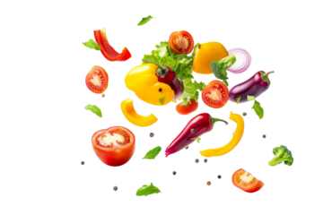 Mix salad bell pepper, lettuce, tomato and other vegetables group falling in the air isolated on background, green plant ingredient eating for health.