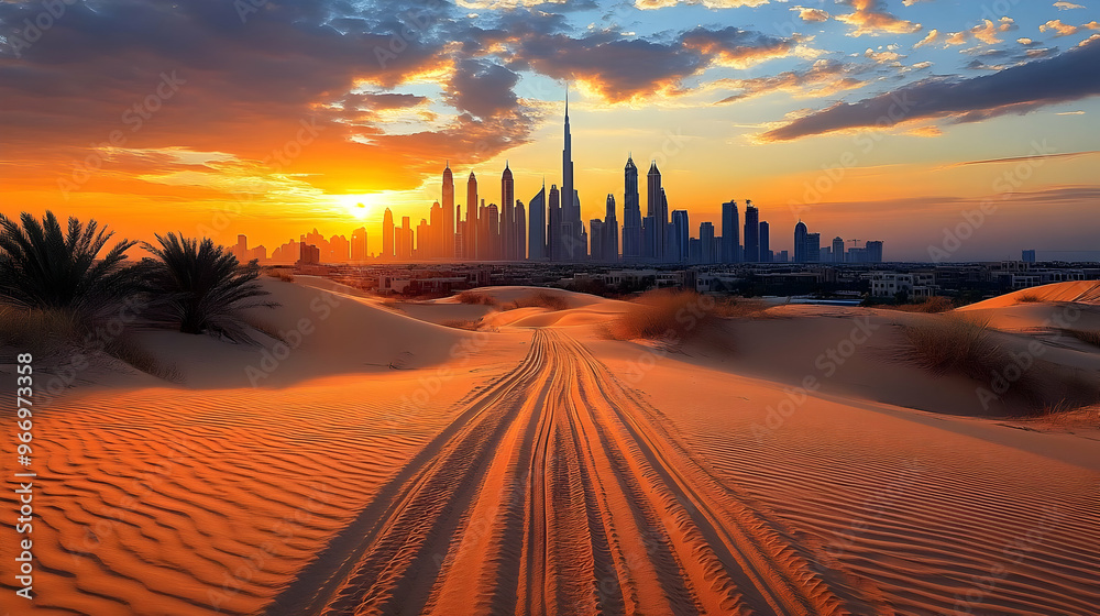 Wall mural Sunset over a desert landscape with city skyline in the background.