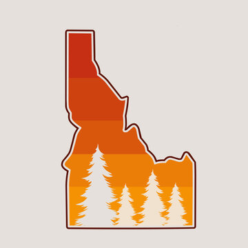 Idaho map with trees on sunset perfect for print, apparel, sticker, etc