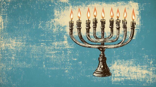 Illustration of a Silver menorah with lit candles on a light blue background featuring space for text Celebration theme