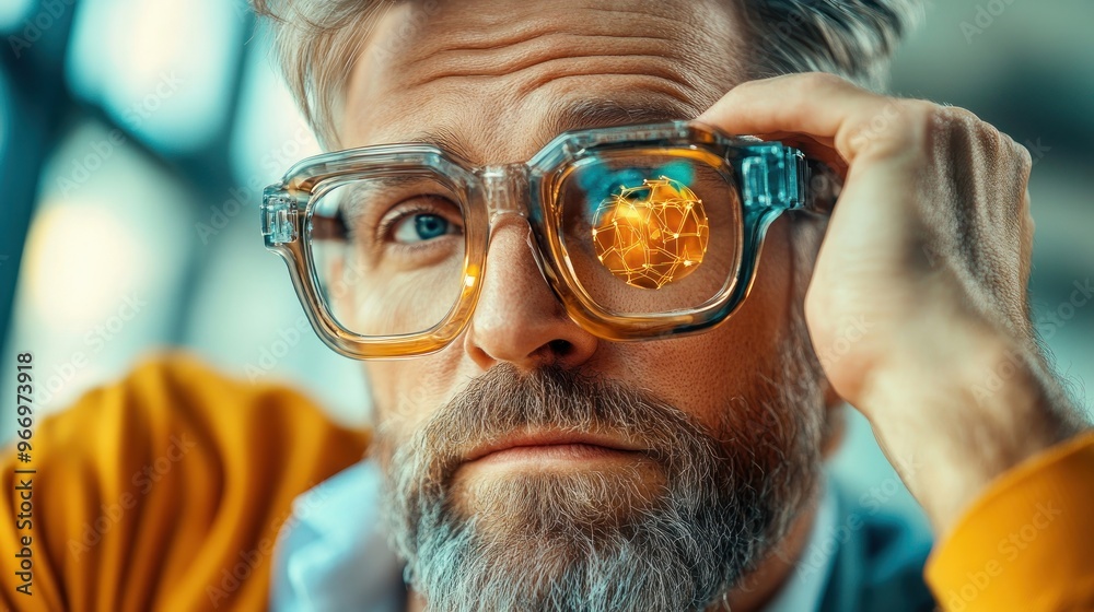 Aufkleber Man with futuristic glasses looking at digital network.