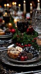 Fototapeta premium Christmas Table Setting with Red Wine Fruit and Bread