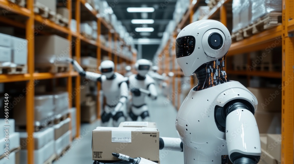 Poster robots working in a warehouse.