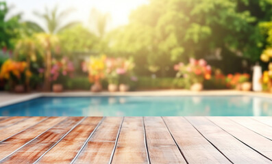 Empty wooden boards, weathered planks table top with blur background of backyard with swimming pool and patio at sunny summer day.