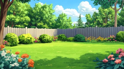 2D cartoon illustration of a backyard garden featuring a fenced area with green grass trees flowers and bushes An outdoor patio designed for BBQ gatherings in a summer and spring setting