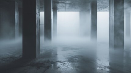 an empty space with concrete columns, shrouded in thick fog. The floor is damp and shiny, reflecting light that softly enters through foggy windows or openings. The atmosphere is cold and mysterious, 