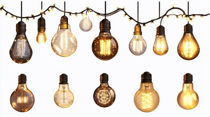 Obraz premium Transparent background set of decorative light bulb PNG elements.
