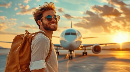Man with Backpack Smiling at Airplane on Runway.