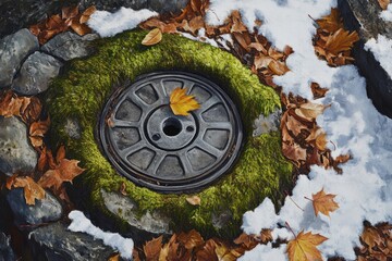 Gray concrete manhole rests on an aged stone sewer covered in green moss surrounded by fallen leaves and white snow in this oil painting