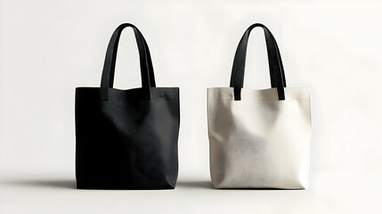 Two tote bags, one black and one white, displayed against a neutral background.