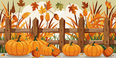 A vibrant harvest scene depicting pumpkins nestled against a wooden fence surrounded by golden wheat and autumn leaves.