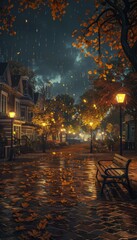 Obraz premium Charming autumn night in a residential park with lantern lit paths and colorful houses
