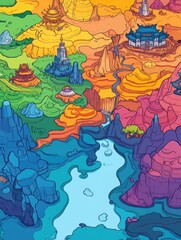 Vibrant political map featuring distinct layers and labels in a cartoon style 2D illustration showcasing a colorful representation