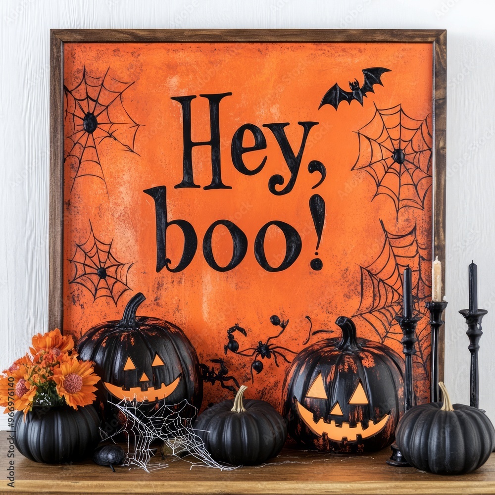 Canvas Prints A black and orange Halloween sign with the words 'Hey, boo!' surrounded by pumpkins and spiderwebs.