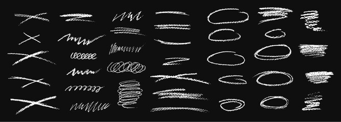 Set of chalk scribble frames and line brush elements. Collection of white wax pencil drawn highlighter spots and cross shapes. Rough crayon vector illustration. Squiggles in children style