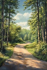 Fototapeta premium Oil painting depicting a scenic road surrounded by nature
