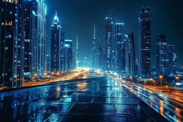 Fototapeta premium Nighttime cityscape of Dubai showcasing vibrant transportation and striking architecture.