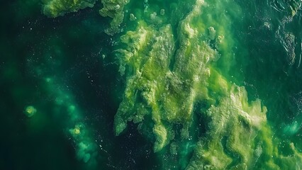 Fototapeta premium Aerial view of vibrant green algal bloom spreading in river water