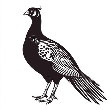 recommend clip art: A black and white illustration of a pheasant with detailed feathers.