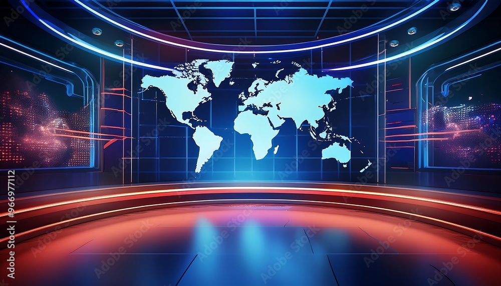 Poster Modern Studio News Set with World Map Display