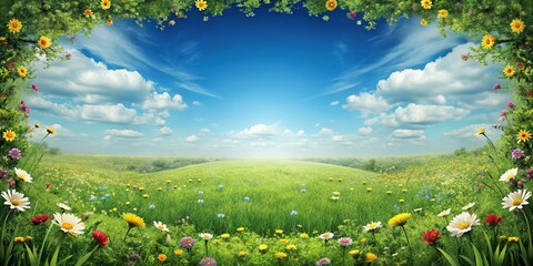 symmetrical green meadow landscape flowers blue sky background