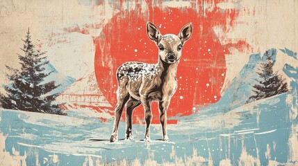 Retro illustration of a baby reindeer in a snowy winter landscape